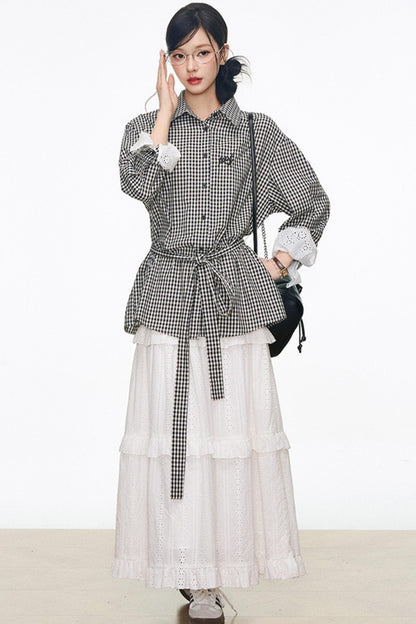 Black Plaid Lace Shirt White Long Skirt Set-Up