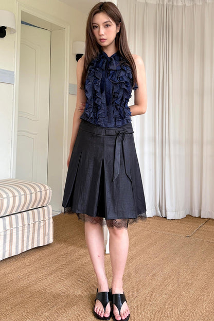 Slim Satin Lace Bow Midi Skirt