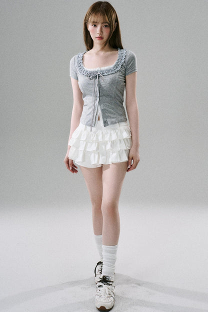 White Ruffle Lace Cargo Skirt