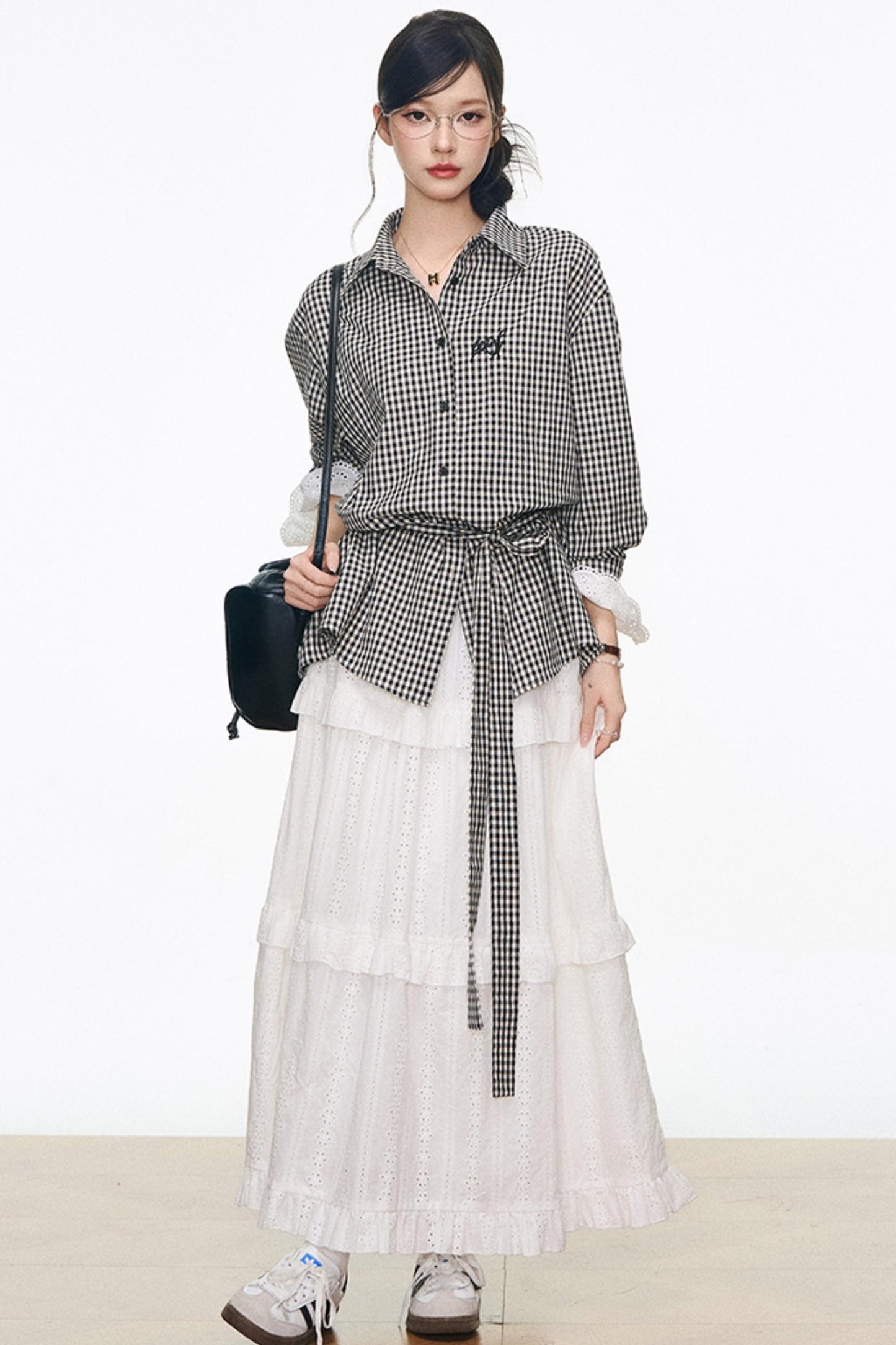 Black Plaid Lace Shirt White Long Skirt Set-Up