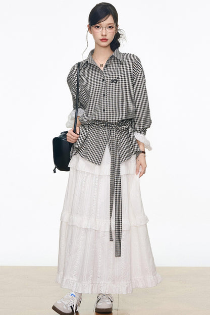 Black Plaid Lace Shirt White Long Skirt Set-Up