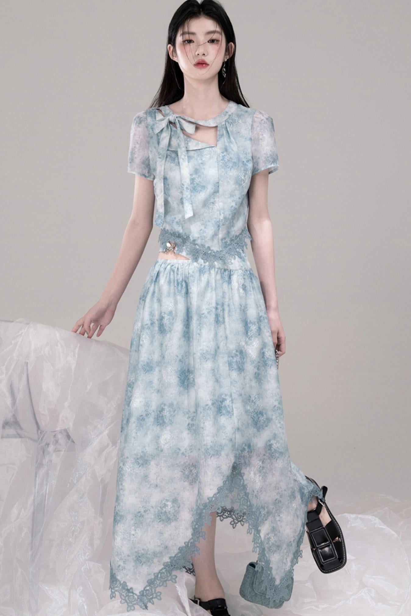 Blue Bow Waist Skirt Set-Up