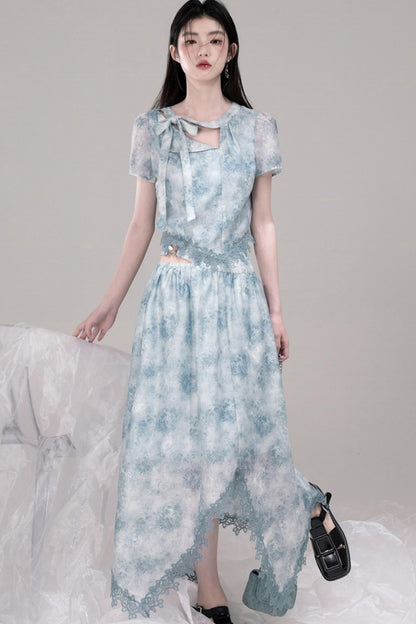 Blue Bow Waist Skirt Set-Up