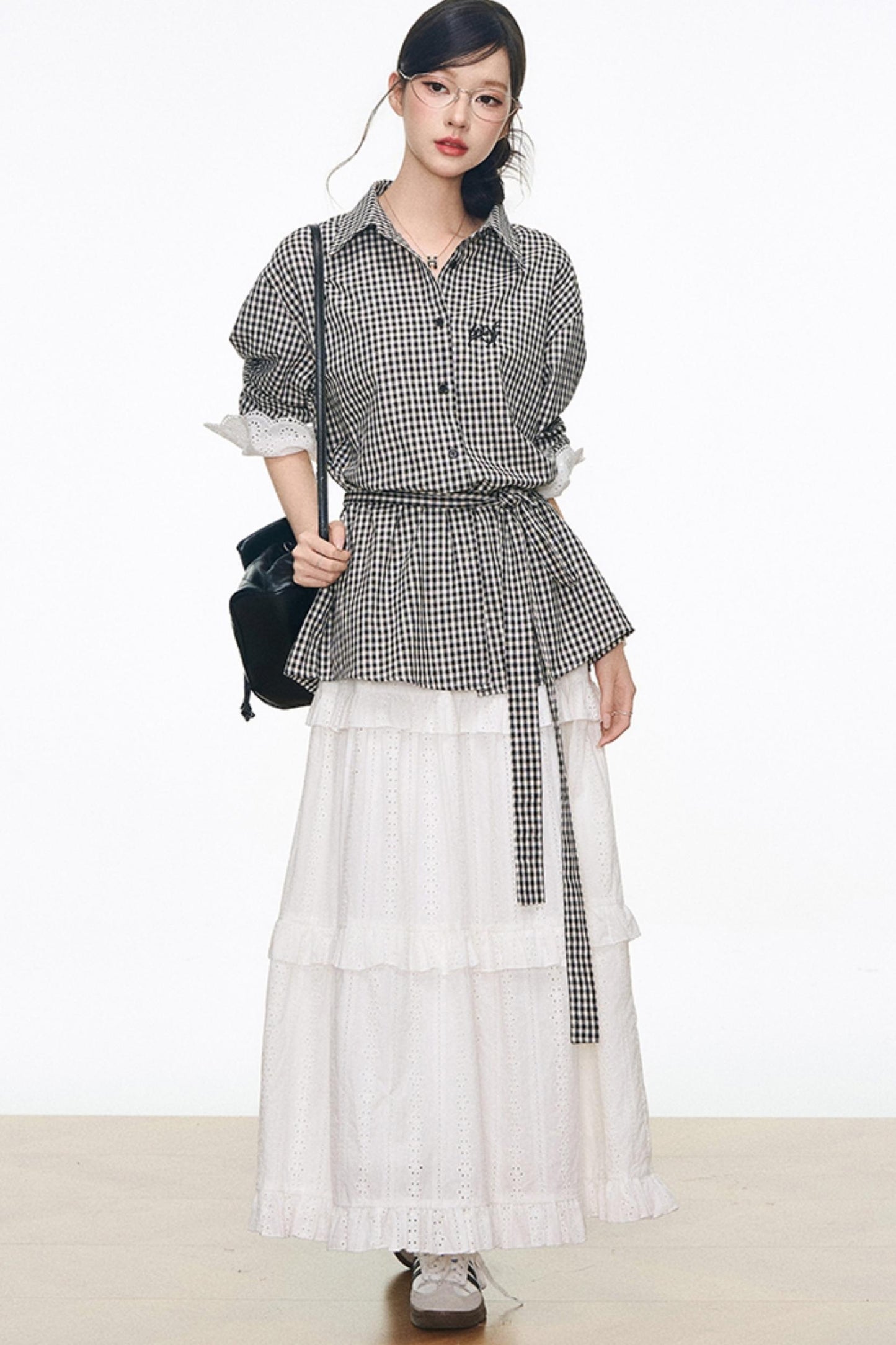 Black Plaid Lace Shirt White Long Skirt Set-Up