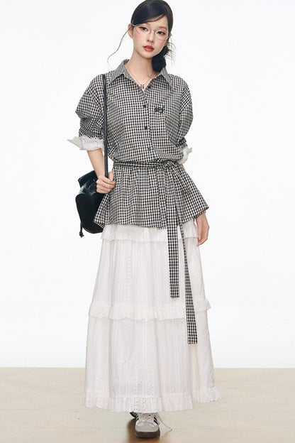 Black Plaid Lace Shirt White Long Skirt Set-Up