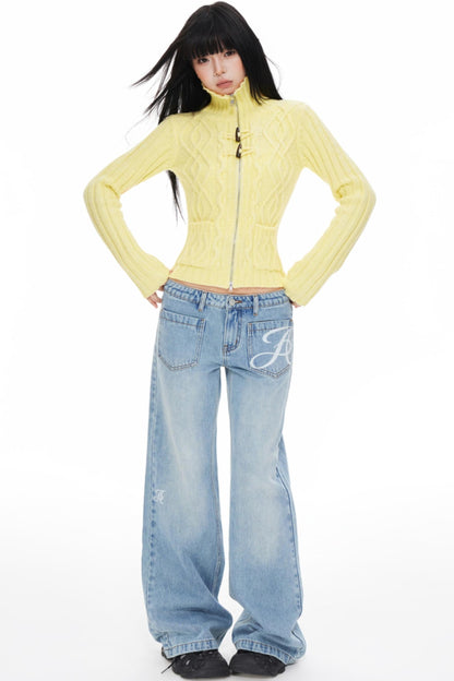 High Neck Slim Sweater Jacket