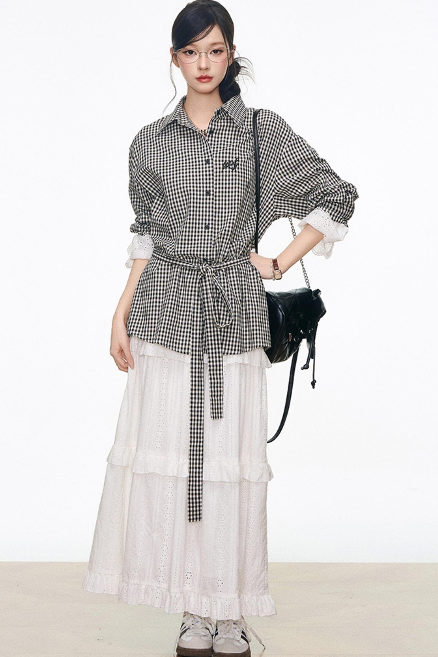 Black Plaid Lace Shirt White Long Skirt Set-Up