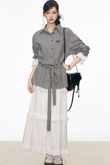 Black Plaid Lace Shirt White Long Skirt Set-Up
