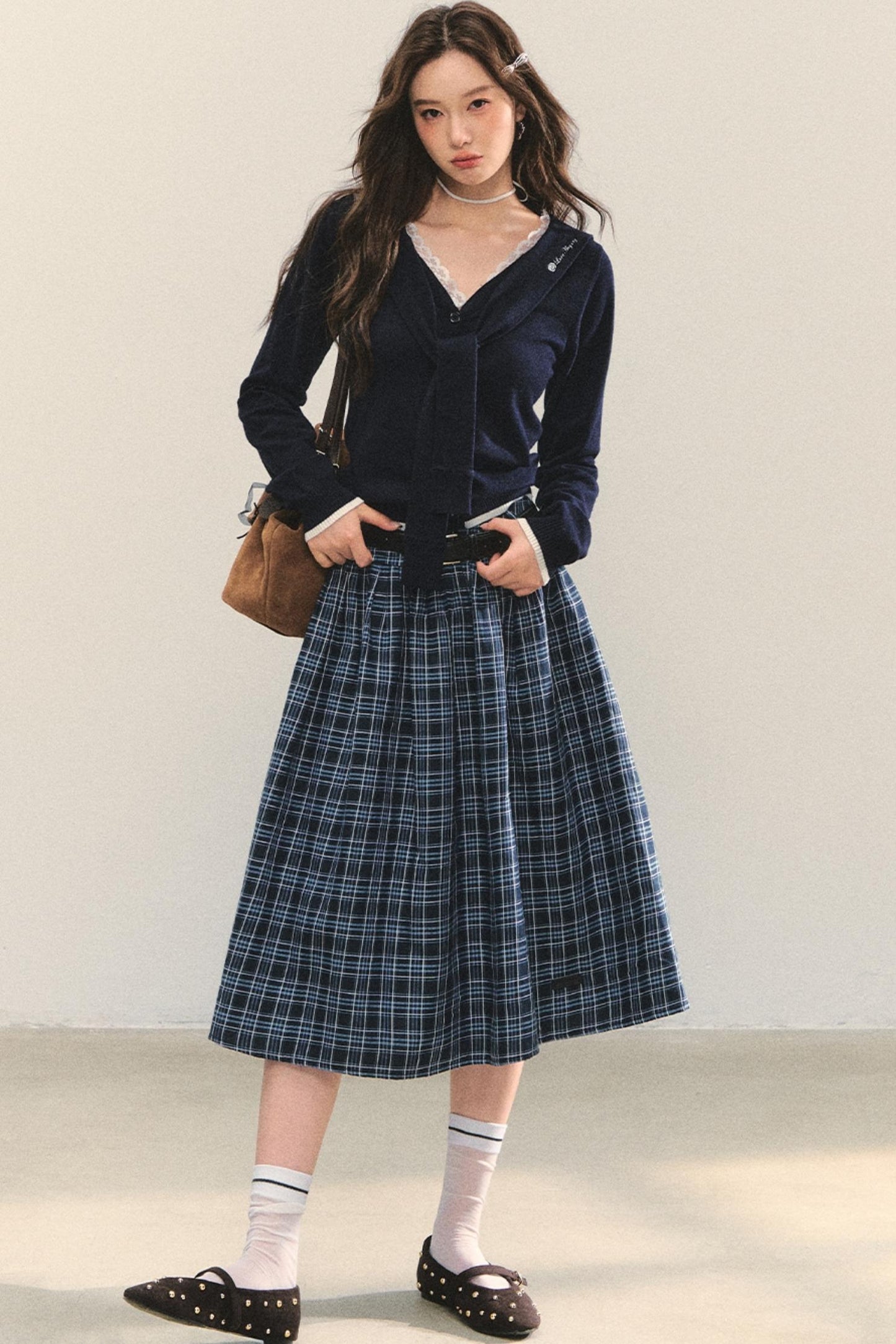Checkered High Waist Flare Skirt