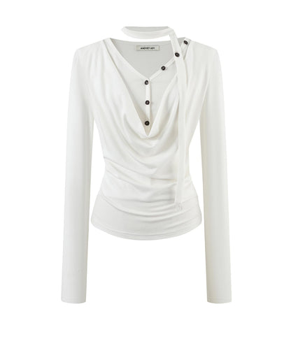 Swing Neck Long Sleeve Button-Down Top