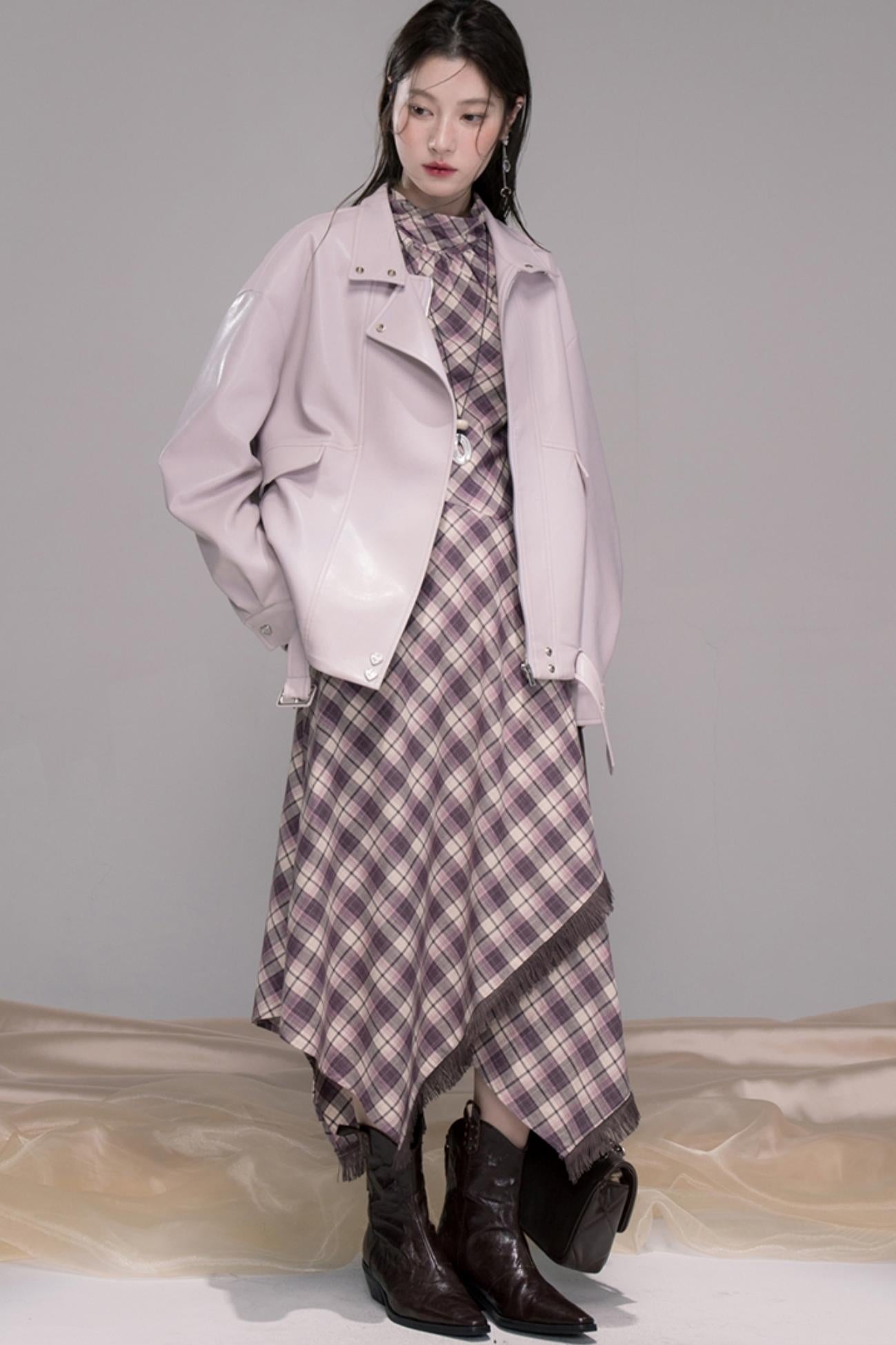 Dark Night Purple Plaid Fringe Dress