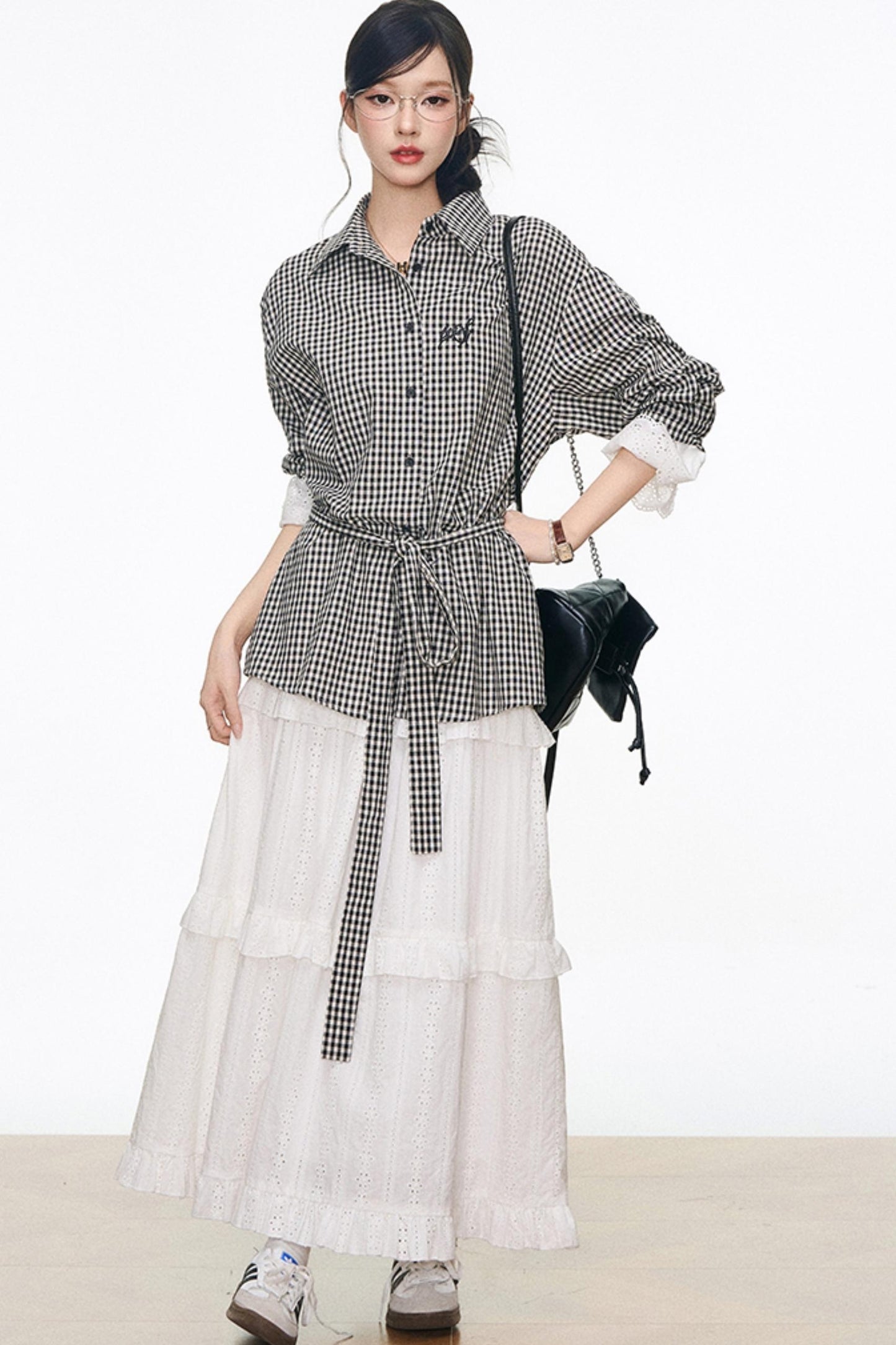 Black Plaid Lace Shirt White Long Skirt Set-Up