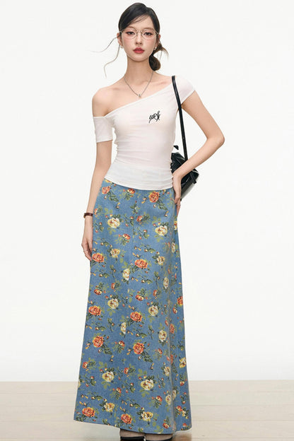 Floral Denim Skirt Set-Up