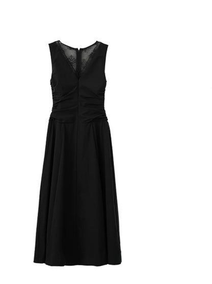 V-Neck Slim Pleated Lace Dress