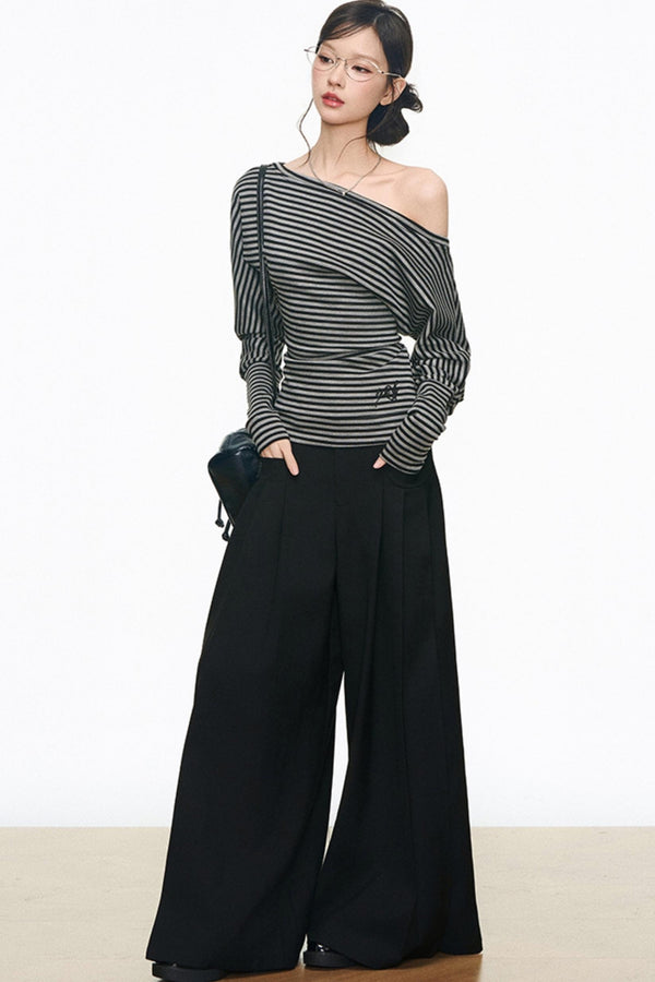 Slanted Shoulder Long Sleeves & Casual Wide-Leg Pants Set-Up