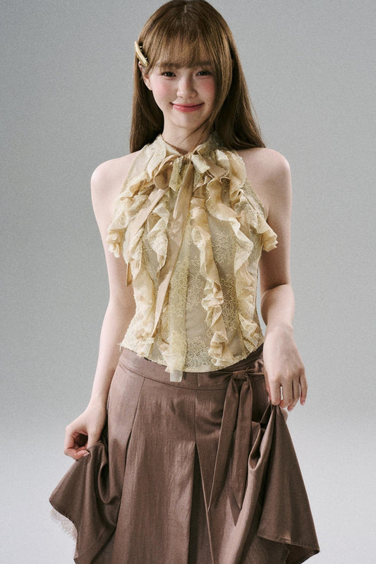 Slim Fit Ruffled Lace Halter Top
