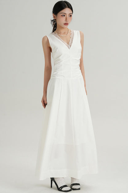 V-Neck Slim Pleated Lace Dress