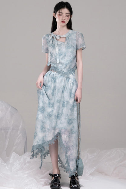 Blue Bow Waist Skirt Set-Up