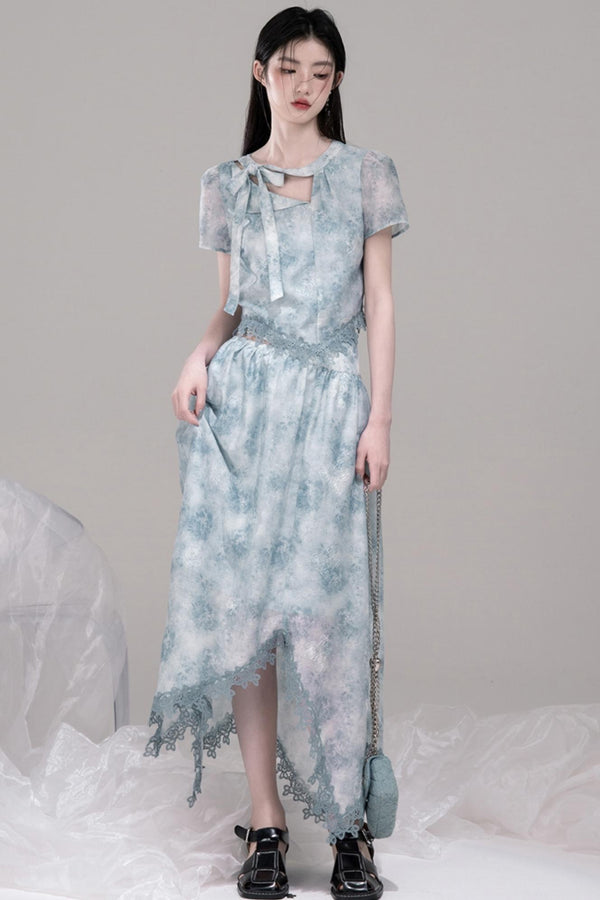 Blue Bow Waist Skirt Set-Up