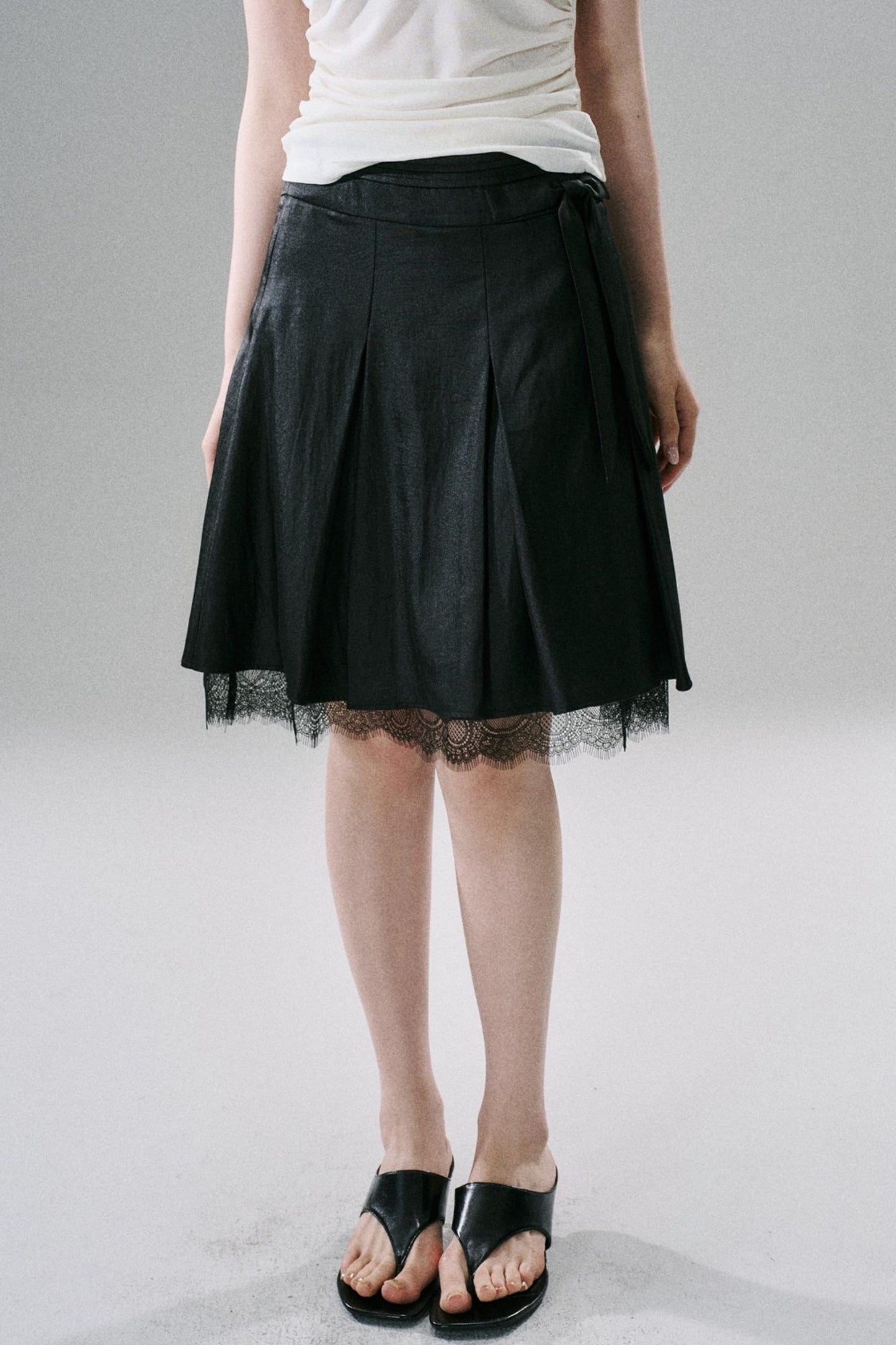 Slim Satin Lace Bow Midi Skirt
