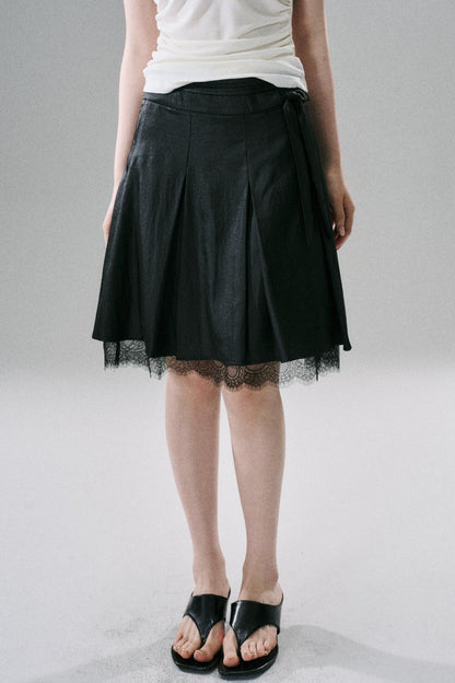 Slim Satin Lace Bow Midi Skirt