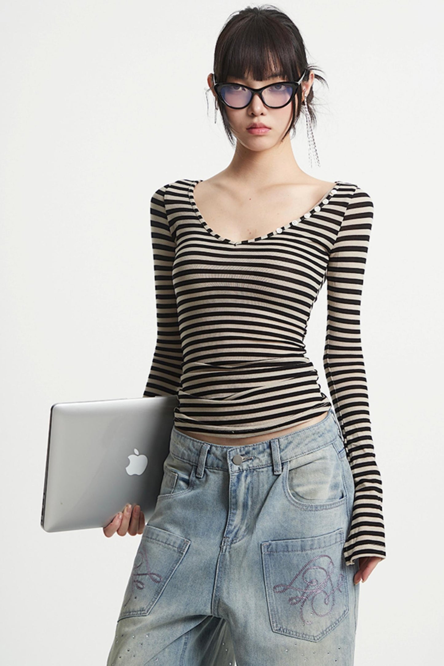 Striped V-Neck Sleeve T-Shirt