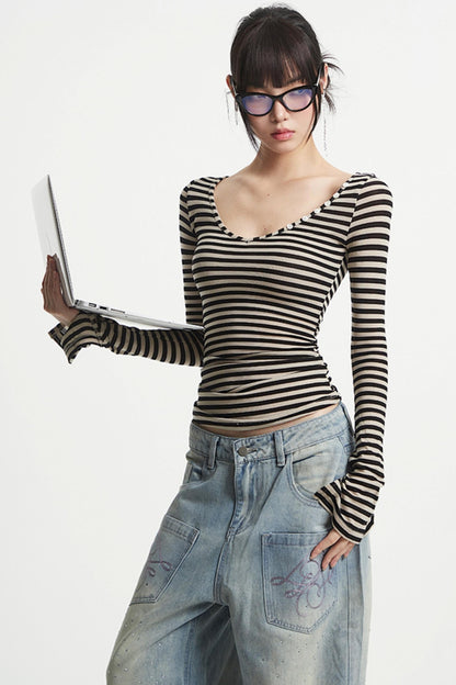 Striped V-Neck Sleeve T-Shirt