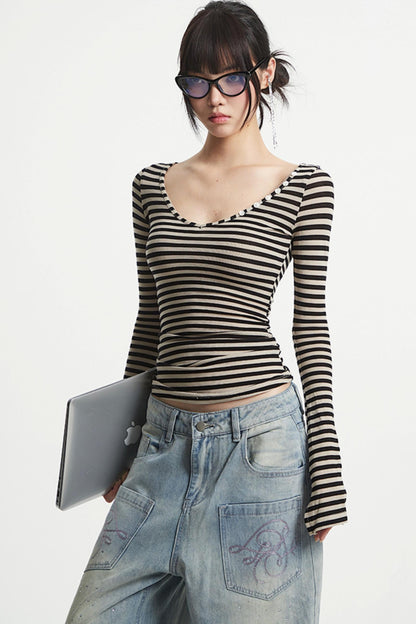 Striped V-Neck Sleeve T-Shirt