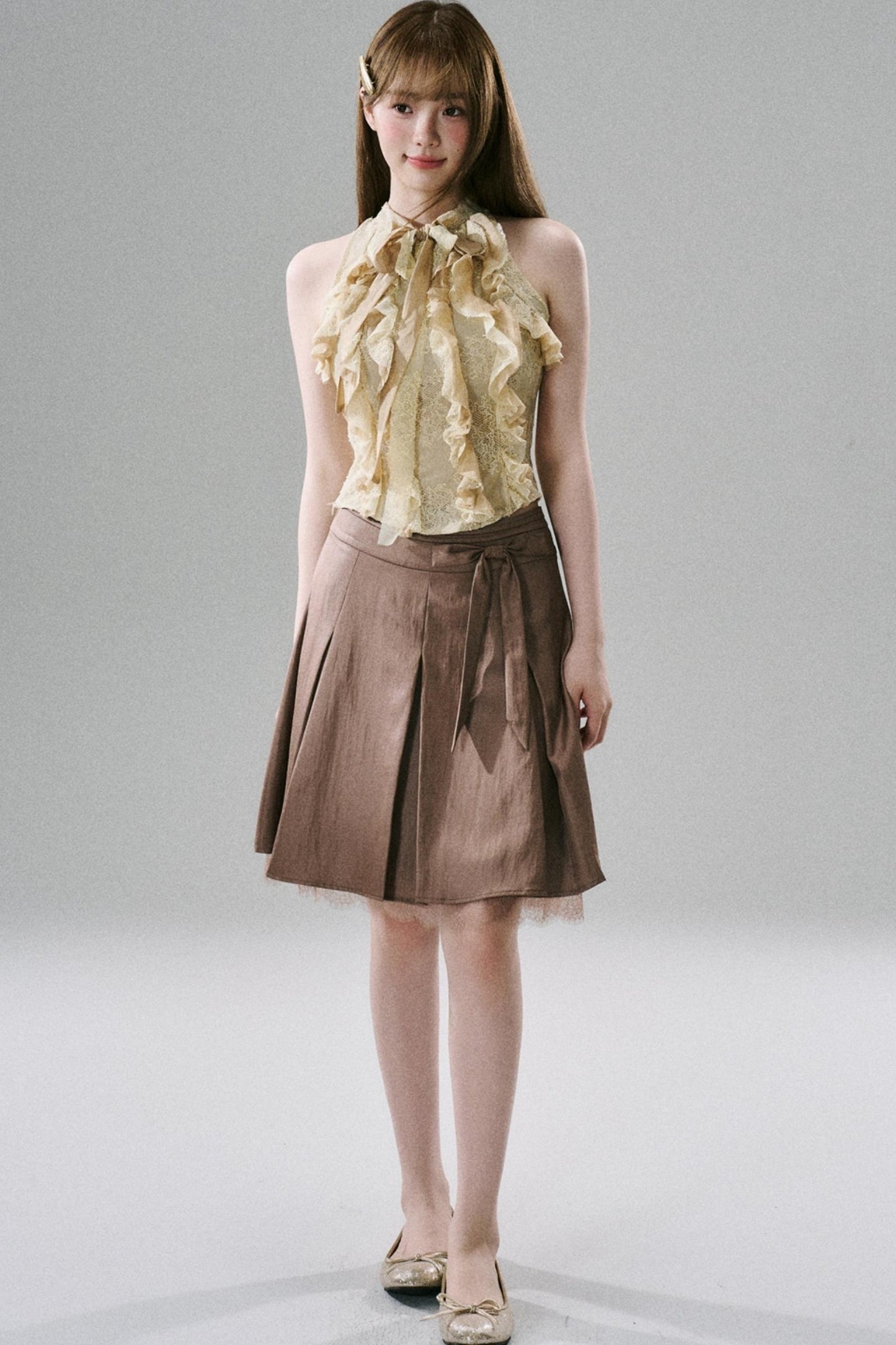 Slim Satin Lace Bow Midi Skirt