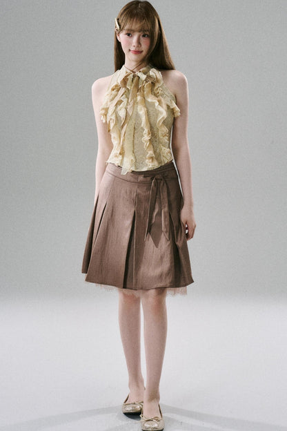 Slim Satin Lace Bow Midi Skirt