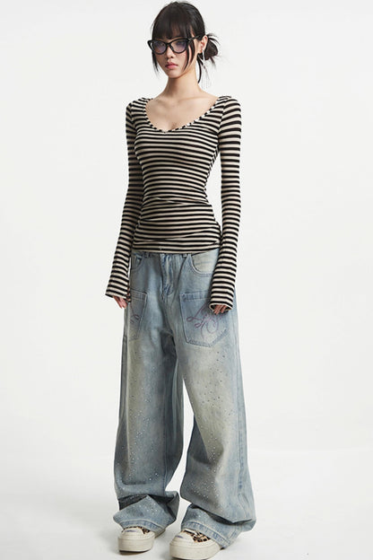 Striped V-Neck Sleeve T-Shirt