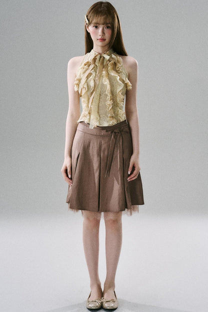 Slim Satin Lace Bow Midi Skirt