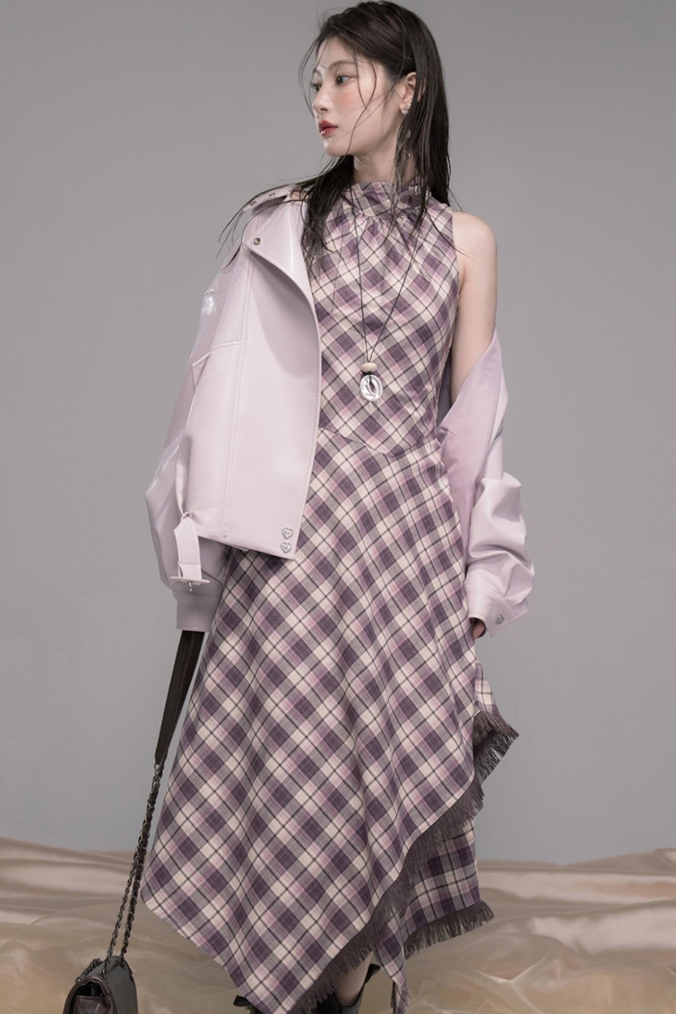 Dark Night Purple Plaid Fringe Dress