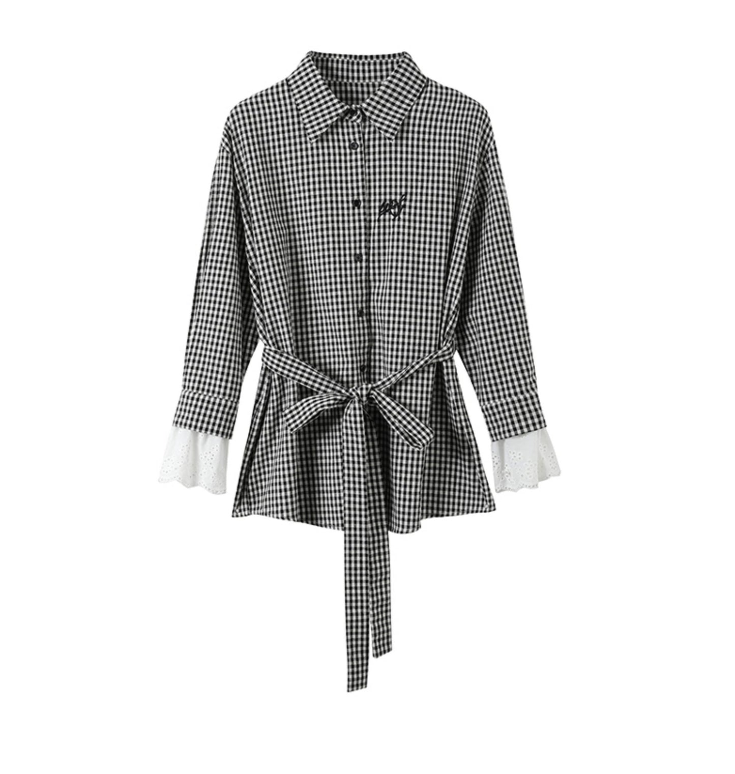 Black Plaid Lace Shirt White Long Skirt Set-Up