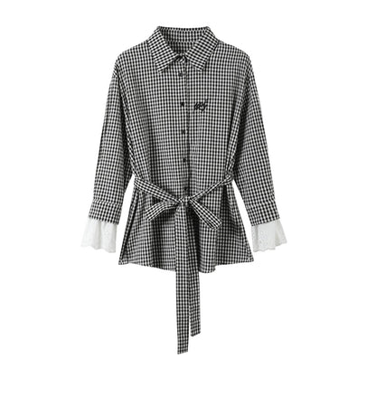 Black Plaid Lace Shirt White Long Skirt Set-Up