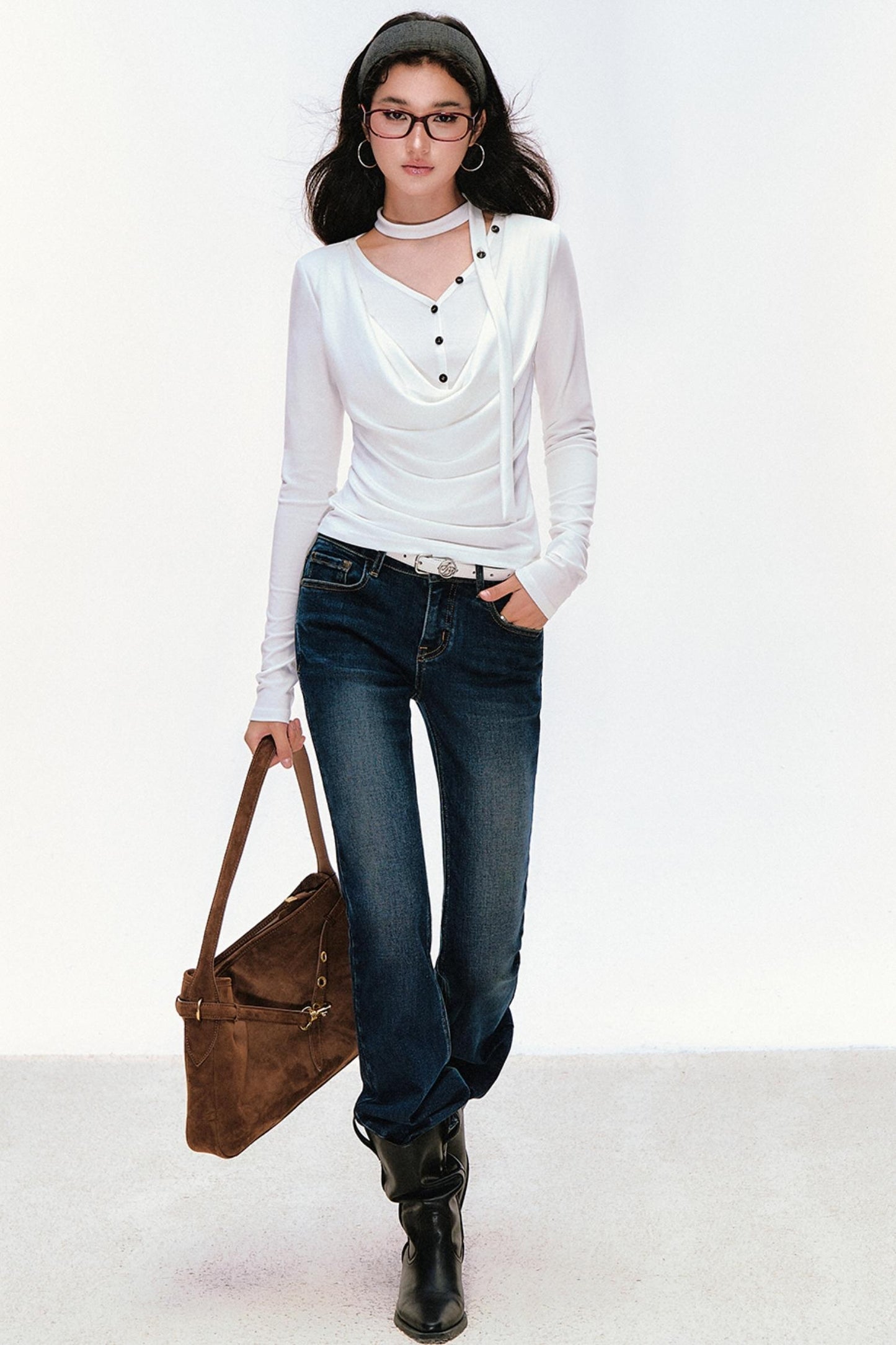 Swing Neck Long Sleeve Button-Down Top