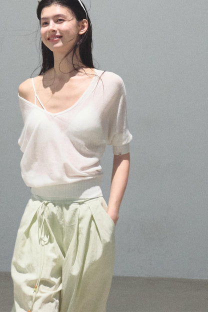 Distant Tenderness Linen Knit Camisole T-Shirt Set