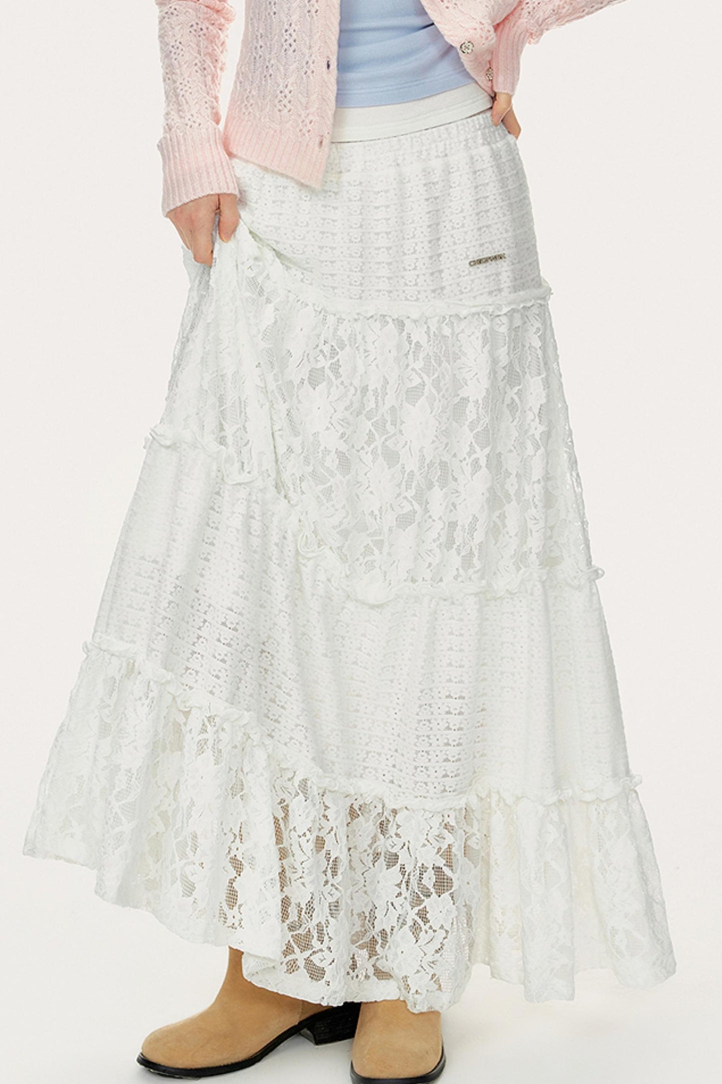 French White Lace A-Line Skirt