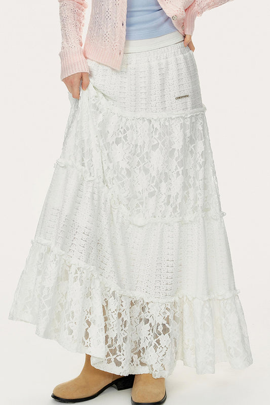 French White Lace A-Line Skirt
