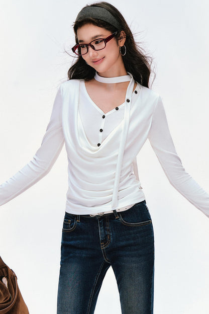 Swing Neck Long Sleeve Button-Down Top