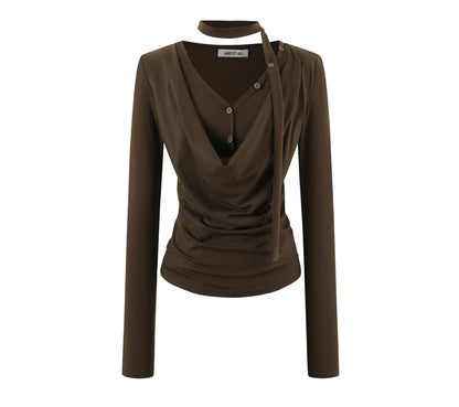 Swing Neck Long Sleeve Button-Down Top