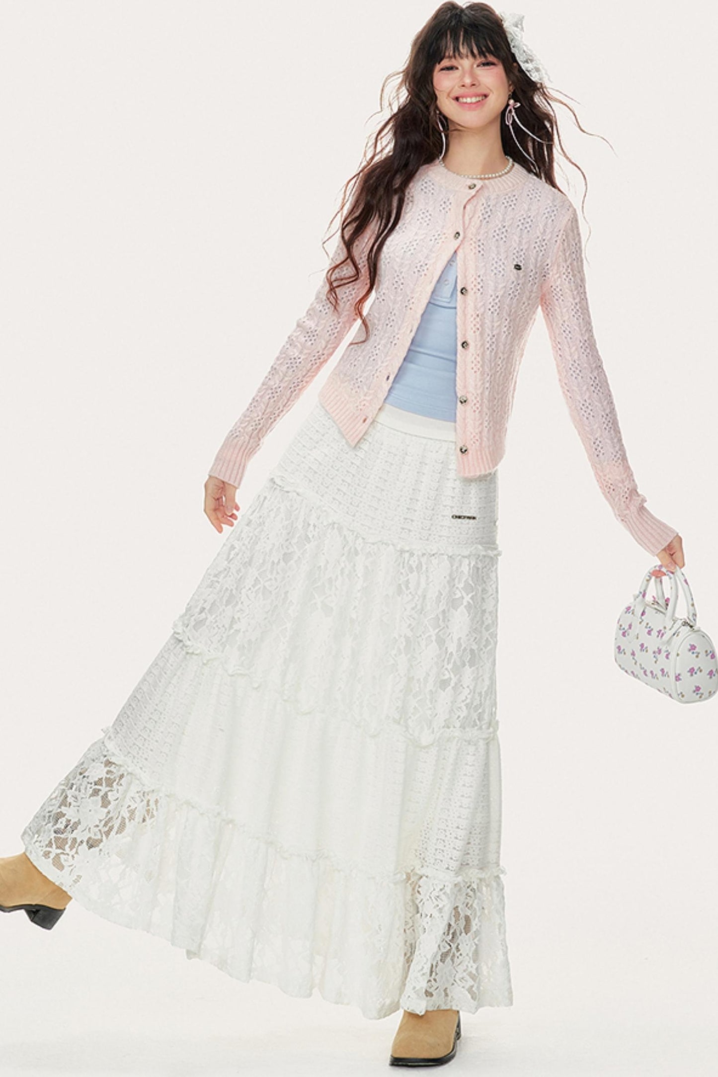 French White Lace A-Line Skirt