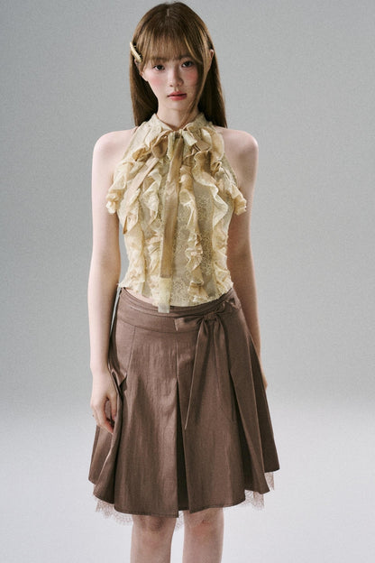 Slim Satin Lace Bow Midi Skirt