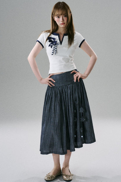 Multi-Bow V-Neck Slim T-Shirt