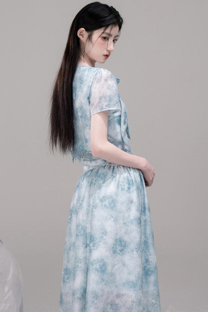 Blue Bow Waist Skirt Set-Up