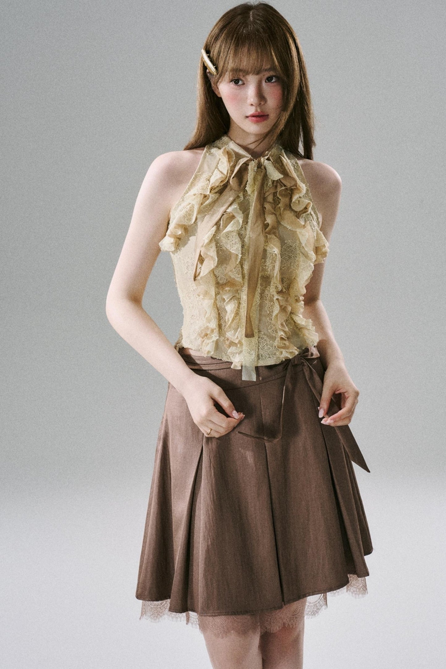 Slim Satin Lace Bow Midi Skirt