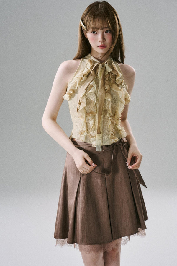 Slim Satin Lace Bow Midi Skirt