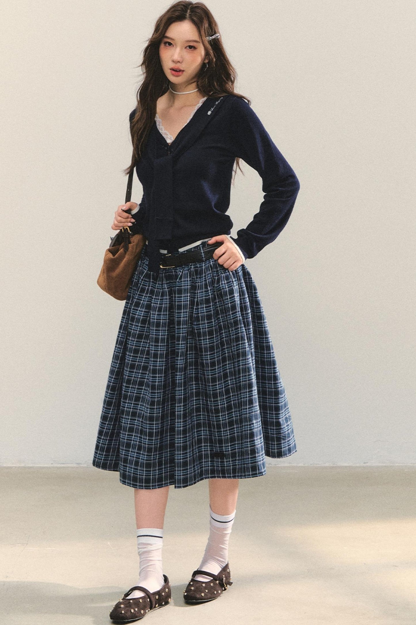 Checkered High Waist Flare Skirt