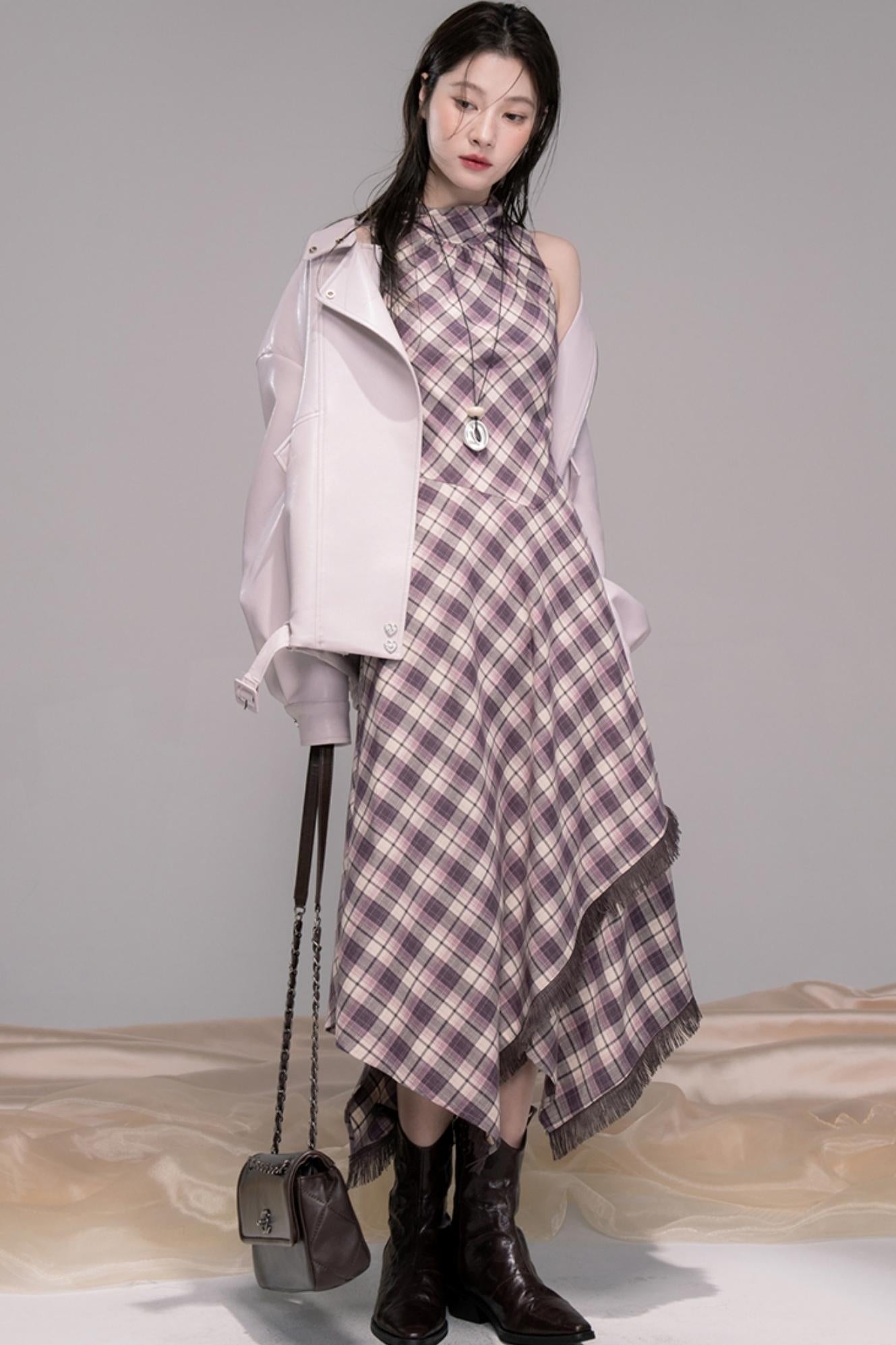 Dark Night Purple Plaid Fringe Dress