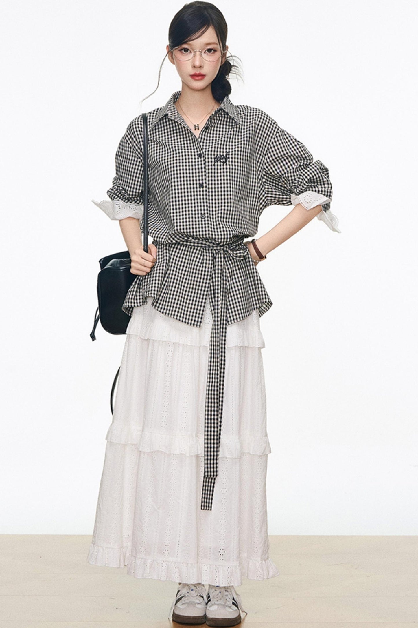 Black Plaid Lace Shirt White Long Skirt Set-Up